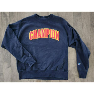 Vintage Champion Reverse Weave Navy Blue Spellout Gold Crewneck Sweatshirt Sz M